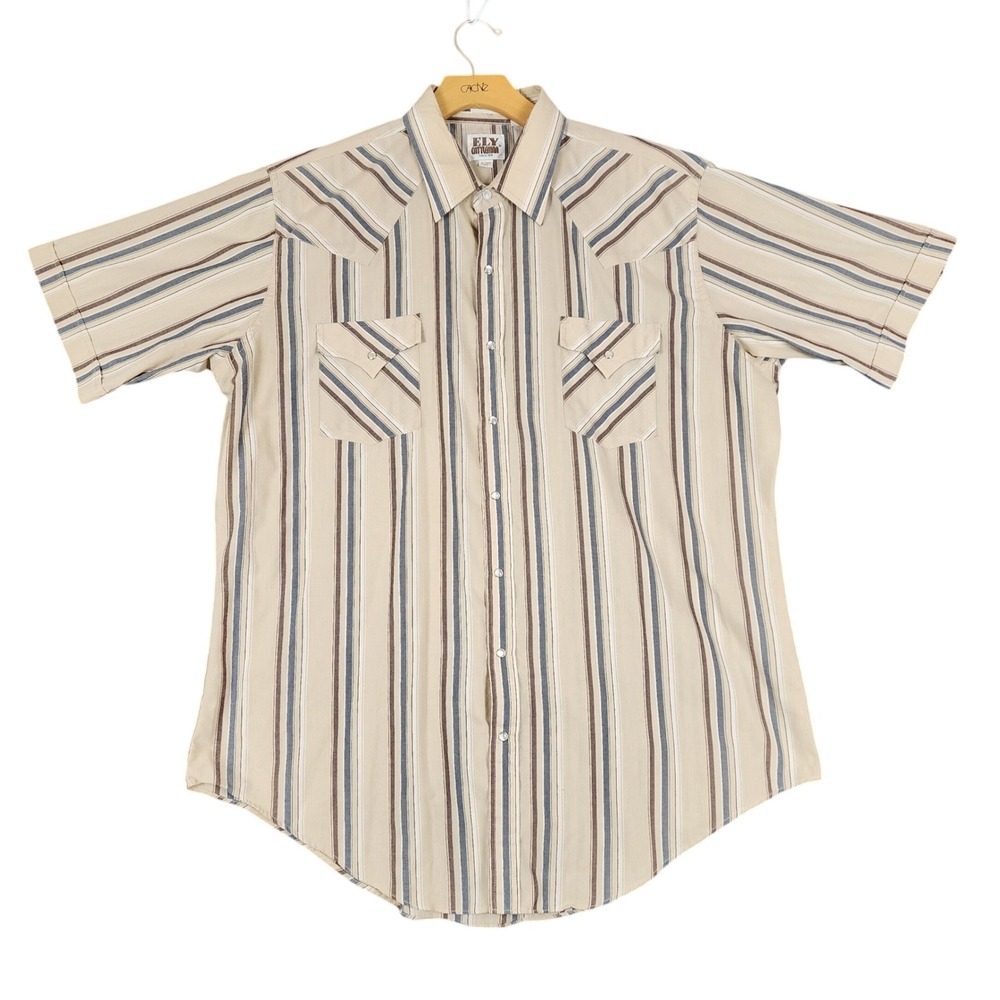 ELY CATTLEMAN XL Tall Mens Short Sleeve Western Shirt Tan Stripe Pearl Snap